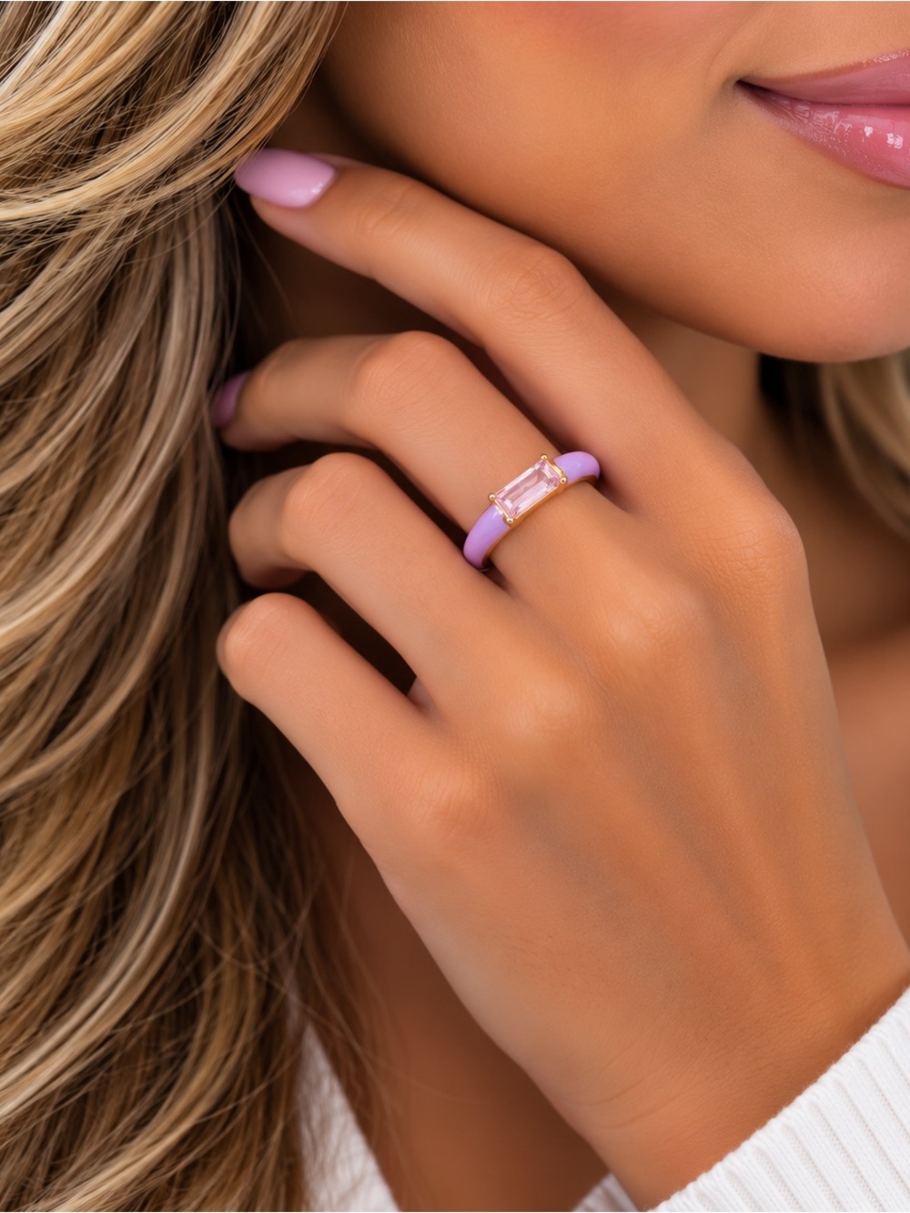 Gold Luxury Lavender Enamel Ring with Rectangular Stone - Women Jewelry